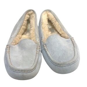 UGG Australia Baby Blue Suede Sheepskin Lined Moccs Slippers Women sz 7‎